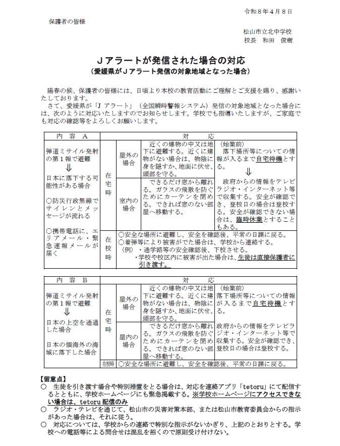 Ｒ８Ｊアラート発信時の対応　